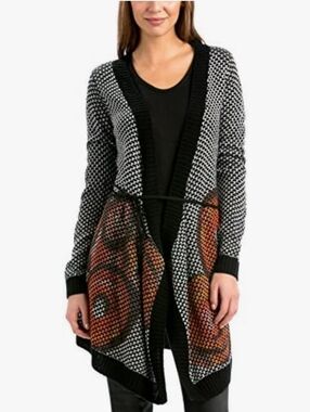 NWT Desigual Black and White Knit Long Cardigan with Multicolor Pattern Womens L